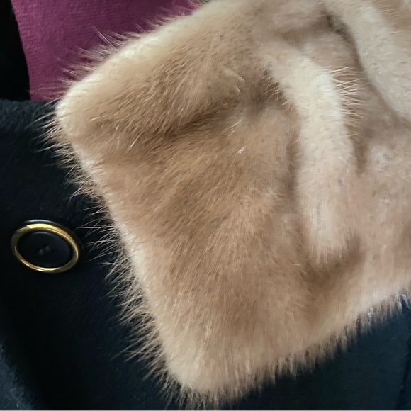 Vintage Modern Lady Mink Fur Collar Black Coat Jacket - Picture 4 of 5